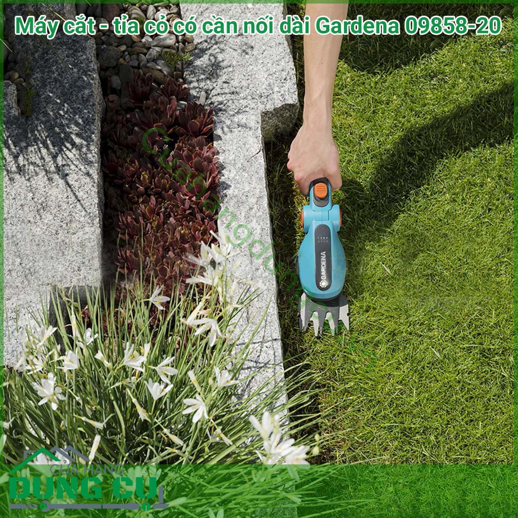 Máy cắt-tỉa cỏ có cần nối dài Gardena 09858-20 bạn có thể cắt cỏ ở những khu vực khó như sát cạnh tường hoặc những khu đồi nhỏ tiểu cảnh, những mảng cỏ chen đá lát lối đi một cách dễ dàng.