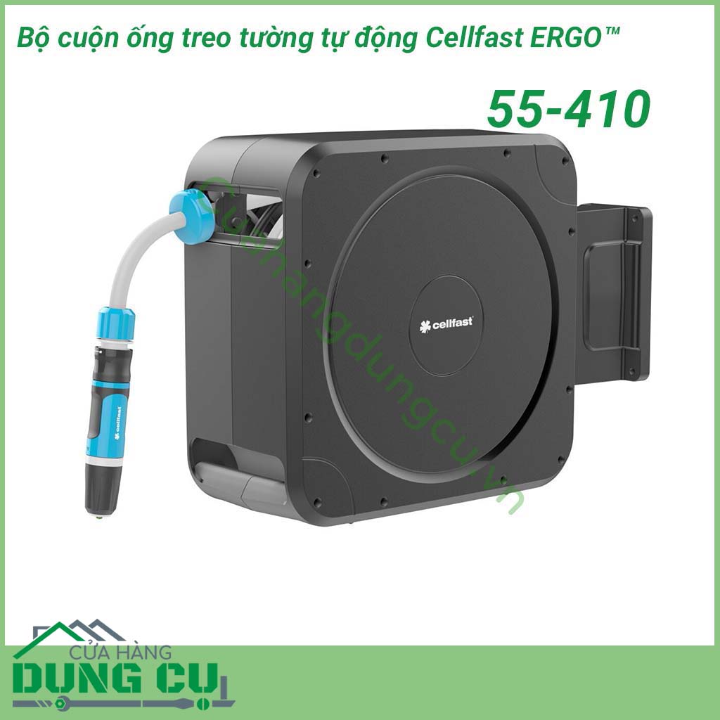 Bộ cuộn ống treo tường tự động Cellfast ERGO™ 55-410 được làm từ vật liệu có khả năng chống tia cực tím cao từ ánh nắng mặt trời. Bộ sản phẩm do tập đoàn Cellfast sản xuất. Nhỏ gọn nhẹ và bền. Trọn bộ đầy đủ vòi phun - cút nối - ống tưới - giá gắn tường