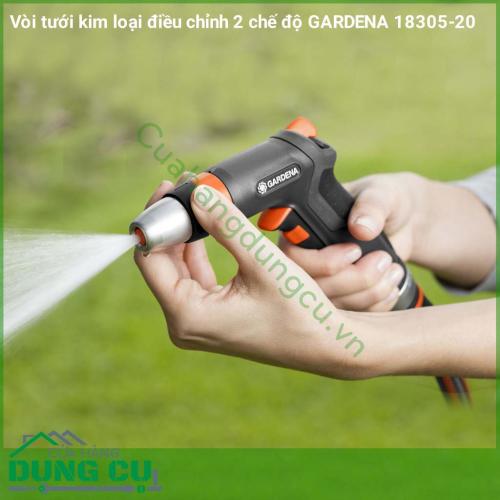 Vòi tưới kim loại 2 chế độ có thể điều chỉnh chế độ phun từ dạng phun tia sang phun loe giúp tiện lợi cho nhiều mục đích sử dụng khác nhau như tưới cây, hoa cảnh, rửa sân vườn, rửa xe, vệ sinh nhà cửa..