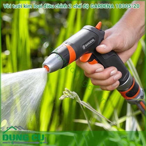 Vòi tưới kim loại 2 chế độ có thể điều chỉnh chế độ phun từ dạng phun tia sang phun loe giúp tiện lợi cho nhiều mục đích sử dụng khác nhau như tưới cây, hoa cảnh, rửa sân vườn, rửa xe, vệ sinh nhà cửa..