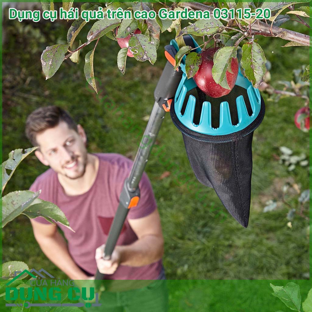 Dụng cụ hái quả trên cao Gardena 03115-20 phù hợp tối ưu để thuận tiện hái trái cây trực tiếp từ cây. Tất cả các loại trái cây sau khi hái được đựng trong túi chắc chắn. Tay cầm đảm bảo thu hoạch thuận tiện.