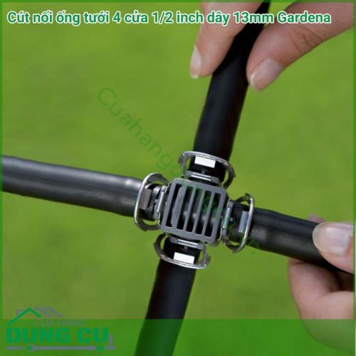 Cút nối ống tưới 4 cửa 1/2 inch dây 13mm Gardena 08329-20 là một phần trong hệ thống tưới nhỏ giọt Gardena sử dụng để kết nối cho việc đi đường ống tưới.