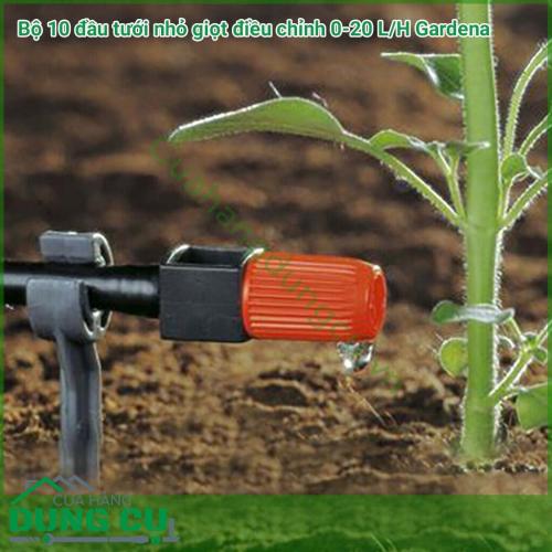 Bộ 10 Đầu tưới nhỏ giọt điều chỉnh 0-20L/H Gardena 01391-20 phù hợp cho những cây đứng riêng lẻ khi sử dụng cùng với dây tưới đường kính 3/16 (01348-20) và những hàng cây thẳng khi sử dụng với ống dây đường kính 13mm (01347-20).