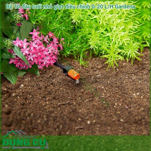 Bộ 10 Đầu tưới nhỏ giọt điều chỉnh 0-20L/H Gardena 01391-20 phù hợp cho những cây đứng riêng lẻ khi sử dụng cùng với dây tưới đường kính 3/16 (01348-20) và những hàng cây thẳng khi sử dụng với ống dây đường kính 13mm (01347-20).