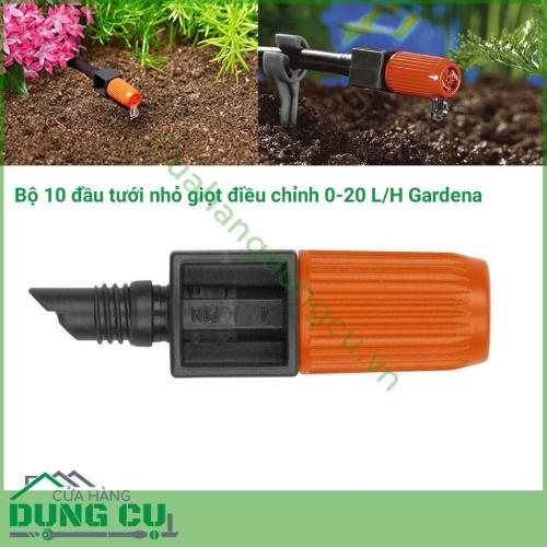 Bộ 10 Đầu tưới nhỏ giọt điều chỉnh 0-20L/H Gardena 01391-20 phù hợp cho những cây đứng riêng lẻ khi sử dụng cùng với dây tưới đường kính 3/16 (01348-20) và những hàng cây thẳng khi sử dụng với ống dây đường kính 13mm (01347-20).