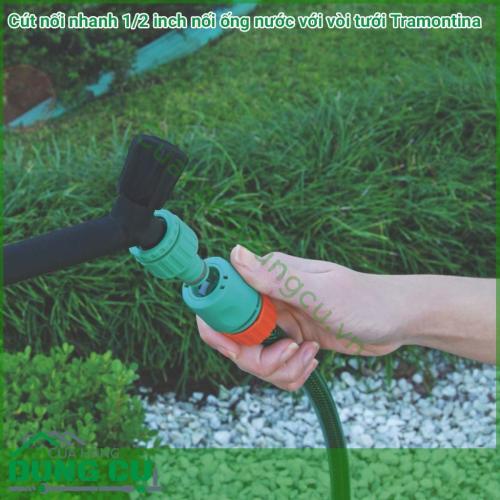 Cút nối nhanh 1/2 inch nối ống nước với vòi tưới Tramontina là cút nối thông minh được sản xuất tại Brazil thuộc thương hiệu tập đoàn Tramontina. Sản phẩm được sản xuất với chất liệu chất lượng cao, đảm bảo độ bền, chống chịu tốt dùng tưới cây.