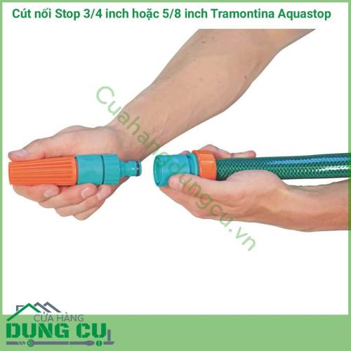 Cút nối nhanh Stop nối ống với thiết bị tưới 3/4 inch - 5/8 inch Tramontina giúp nối nhanh vòi tưới cầm tay với ống tưới đường kính ngoài từ 17-21m, nối nhanh nguồn nước có ren đã gắn cút nối ren với ống tưới, nối nhanh các thiết bị có khớp với ống nước.