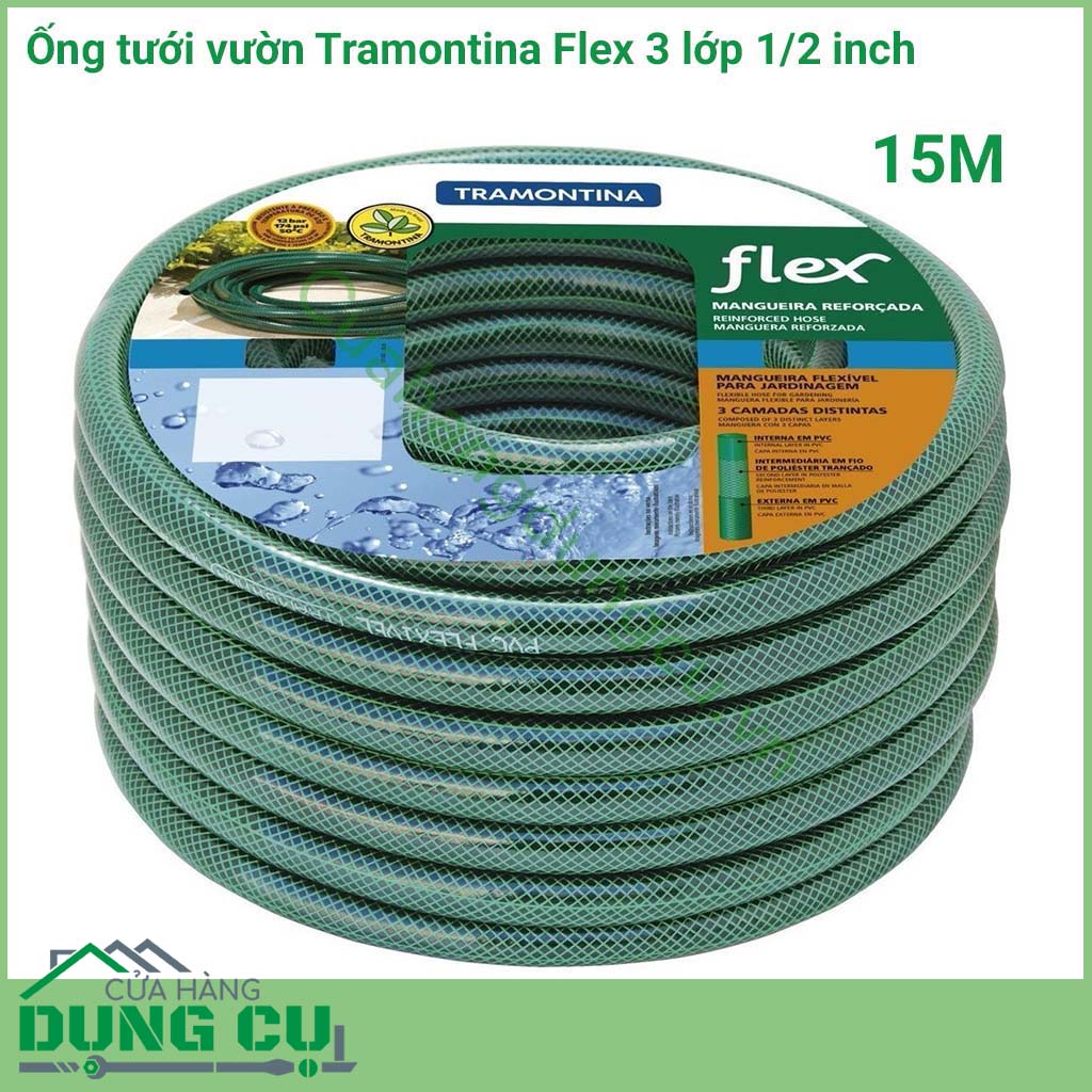 Ống tưới vườn 15M Tramontina Flex 3 lớp 1/2 inch được sản xuất tại Brazil. Ống tưới Tramontina là loại ống có độ chắc chắn, độ bền cao thích hợp cho tưới vườn.
