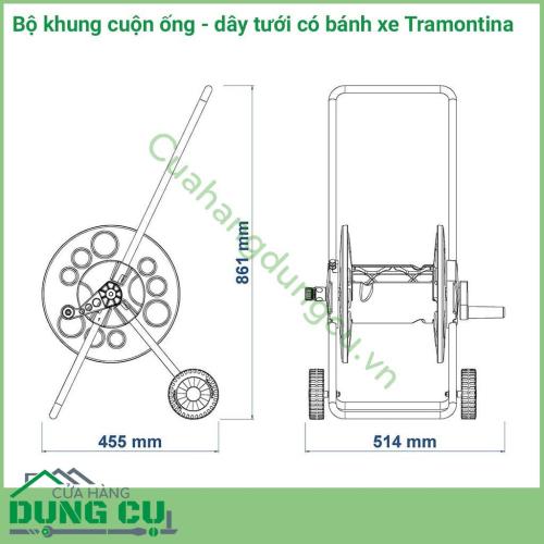 Bộ khung cuộn ống tưới, dây tưới có bánh xe Tramontina rất hữu ích cho gia đình dùng cuốn dây rửa xe, ống tưới vườn, dây dọn rửa nhà vệ sinh.