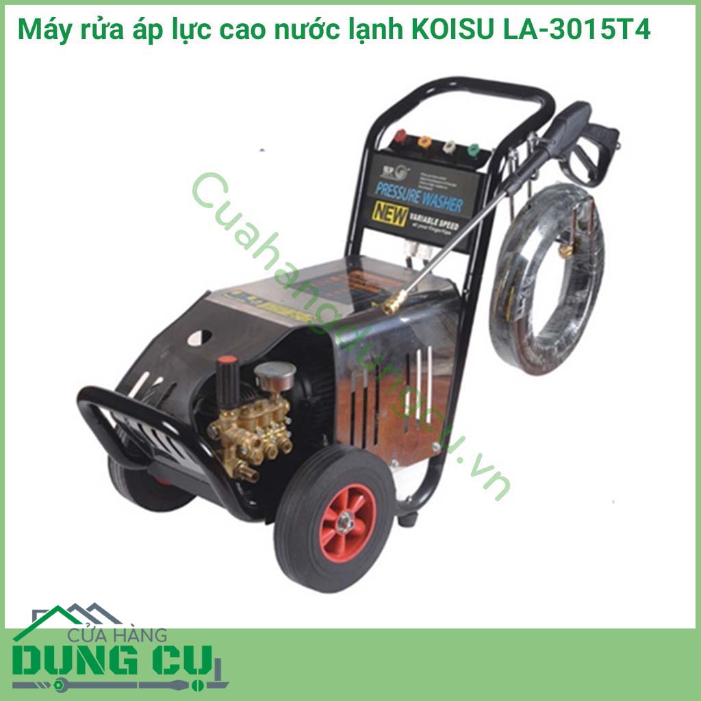 Máy rửa áp lực cao nước lạnh KOISU LA-3015T4&nbsp;dùng để xịt rửa vệ sinh các bề mặt khác nhau bằng dòng nước phun áp lực cao, giúp bạn làm sạch xe ,vệ sinh máy móc,..Đây là dòng&nbsp;máy rửa xe chuyên nghiệp dành cho gara oto rửa 25-35&nbsp;xe/ngày.