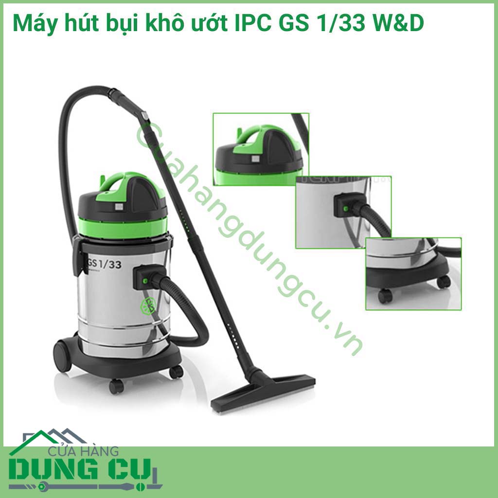 Máy hút bụi khô ướt IPC&nbsp;GS 1/33 W&D&nbsp;thân vỏ, phụ kiện bằng chất liệu nhựa cao cấp chống va đập, thùng chứa bằng chất liệu thép không gỉ. Thiết bị được trang bị đầy đủ phụ kiện có thể sử dụng máy để làm sạch mọi ngóc ngách.