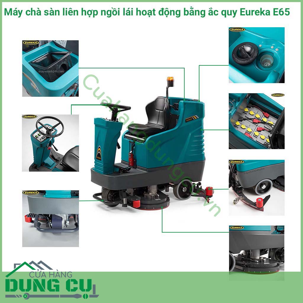 Máy chà sàn liên hợp ngồi lái hoạt động bằng ắc quy Eureka&nbsp;E65&nbsp;là máy chà sàn liên hợp ngồi lái nhỏ gọn của hãng Eureka.&nbsp;Thân vỏ bằng nhựa cao cấp, chắc chắn, chịu va đập tốt, khung thép không gỉ bền bỉ, chịu lực.
