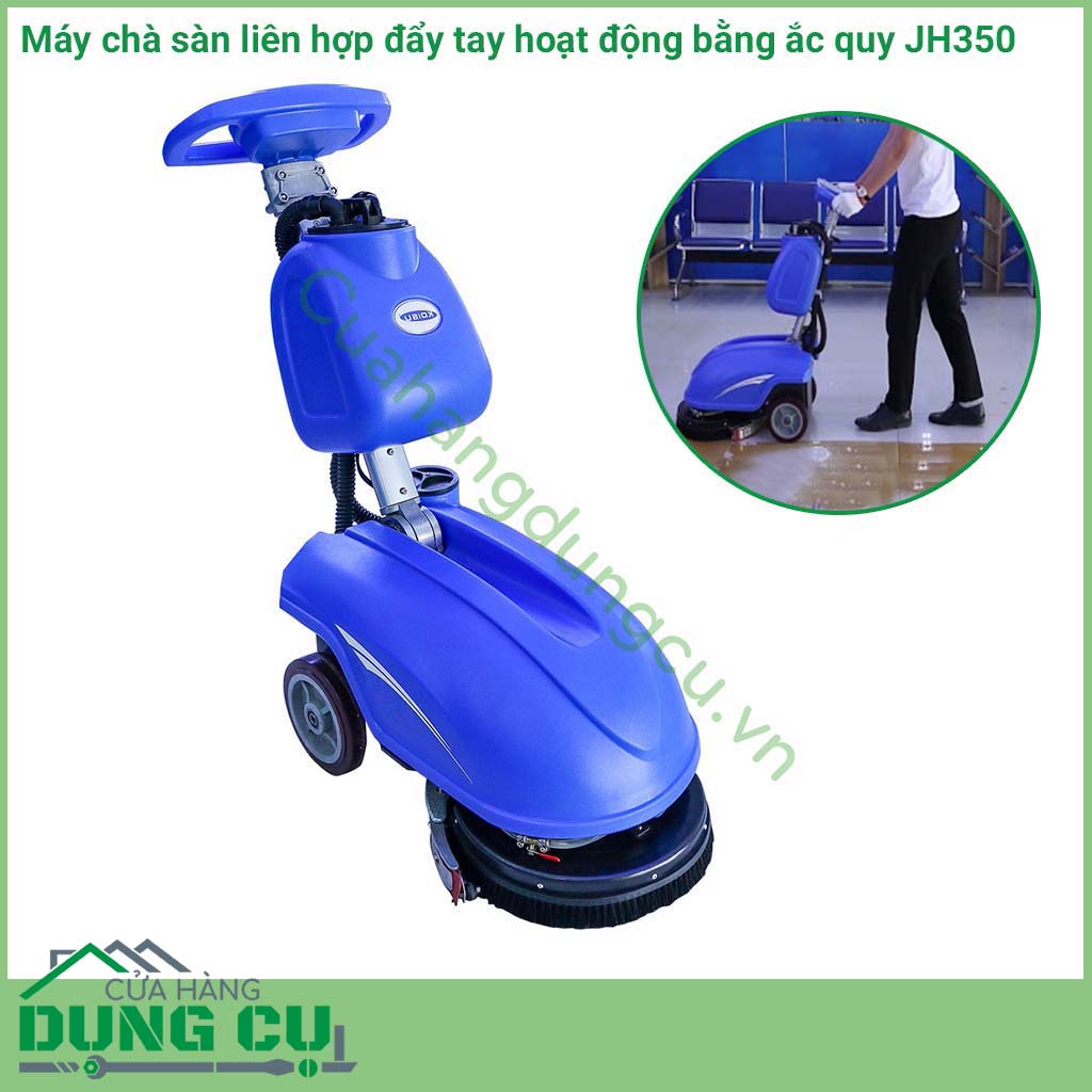 Máy chà sàn liên hợp đẩy tay hoạt động bằng ắc quy&nbsp;JH350&nbsp;có khả năng chà và làm sạch các mặt sàn gạch, đá, sàn cao su,...mang lại sự sáng bóng cho mặt sàn. Máy được sử dụng cho các khu vực như nhà hàng, khách sạn, bệnh viện, siêu thị, và các nhà máy,...
