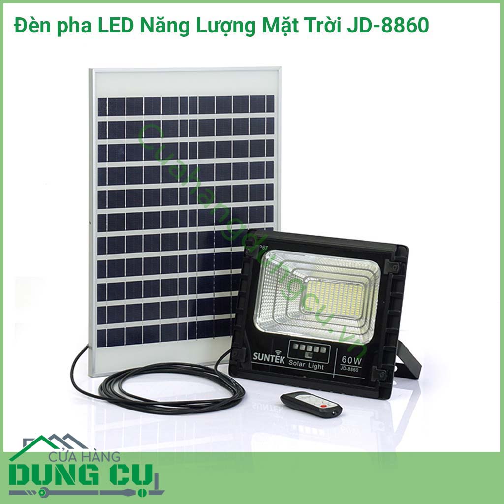 Đèn pha LED năng lượng mặt trời JD-8860&nbsp;sử dụng chiếu sáng như đèn sân vườn cho biệt thự, đèn đường, đèn cho các khu đất rộng, khu vườn, khu ao, vuông tôm...Đèn tích hợp bộ cảm biến ánh sáng, tự động sáng đèn khi trời tối và tắt đèn khi trời sáng.