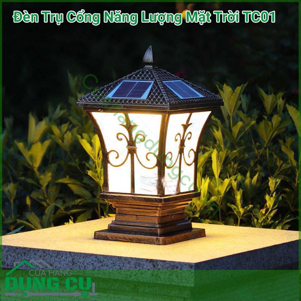 Đèn trụ cổng năng lượng mặt trời TC01&nbsp;chuyên dùng để lắp đặt và trang trí tại các vị trí ở cổng, hàng rào xung quanh nhà, sân vườn, trang trí biệt thự,...là giải pháp chiếu sáng thông minh, tiết kiệm năng lượng, không thải thủy ngân ra môi trường.