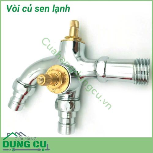 Vòi củ sen lạnh có 02 chức năng xả nước, 1 xả nước xuống bể chứa, 1 dùng để nối dây sen tắm, dây xịt vệ sinh,dây rửa xe….Bên cạnh đó đầu xả nước xuống chậu chứa nước cũng có thể nối dây máy giặt. Vòi có độ bền và tuổi thọ cao, đẹp mắt dễ dàng vệ sinh.