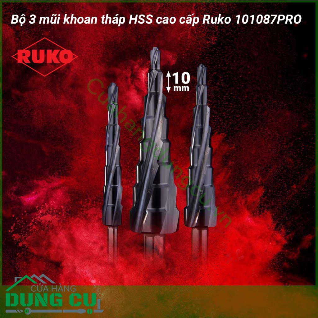 Bộ mũi khoan tháp bước xoắn HSS Ruko cao cấp 101087PRO&nbsp;là một sản phẩm cao cấp đến từ Đức được phủ nano có độ cứng cực cao RUnaTEC. Khoan được đa dạng các loại vật liệu như: kim loại và phi kim loại. Mũi có khả độ cứng và khả năng chịu nhiệt cực cao.