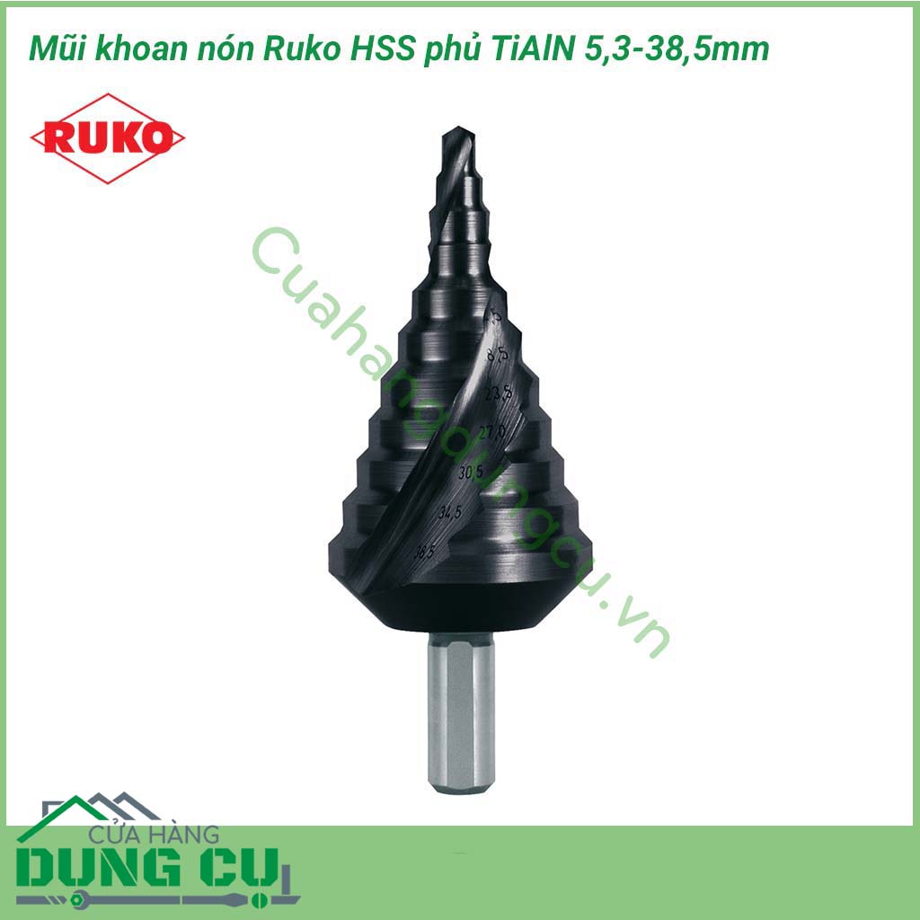 Mũi khoan nón Ruko 5,3-38,5 mm HSS phủ TiAlN 101091F&nbsp;gồm 11 bước bề mặt mũi khoan dạng xoắn ốc và chia bước.&nbsp;Vật liệu HSS phủ thêm lớp Nito – Nhôm – Titan phù hợp cho thép, thép đúc, hợp kim màu, thép trắng.