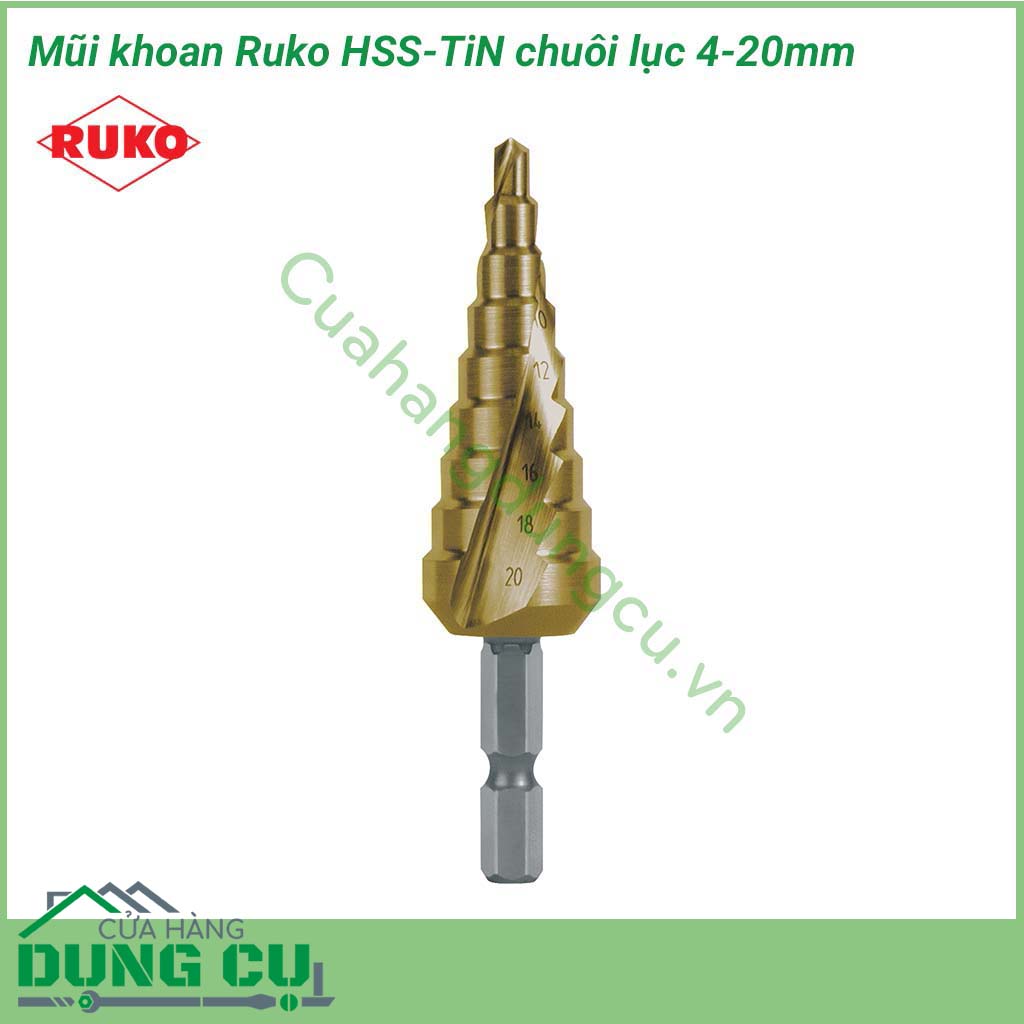 Mũi khoan Ruko HSS-TiN chuôi lục 4-20mm 101051TH là mũi khoan tháp được chế tạo&nbsp; bằng vật liệu thép gió HSS phủ TiN đạt HRC 63 hoàn toàn dễ dàng khoan inox. Với&nbsp;thiết kế&nbsp;chuyên dụng&nbsp;giúp thao tác khoan&nbsp;trở lên nhanh, thuận tiện và cực kỳ chính xác. 