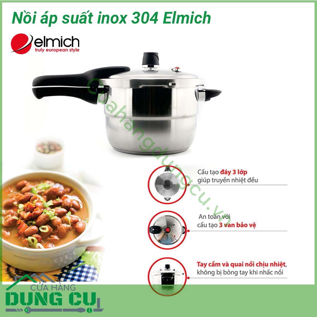 Nồi áp suất inox 304 Elmich 22cm 5.5L EL3371 được làm từ&nbsp;vật liệu inox 304 tuyệt đối an toàn cho sức khỏe. Nồi áp suất được cấu tạo đáy 3 lớp giúp truyền nhiệt đều nấu nhanh và nhừ hơn so với các sản phẩm khác.&nbsp;