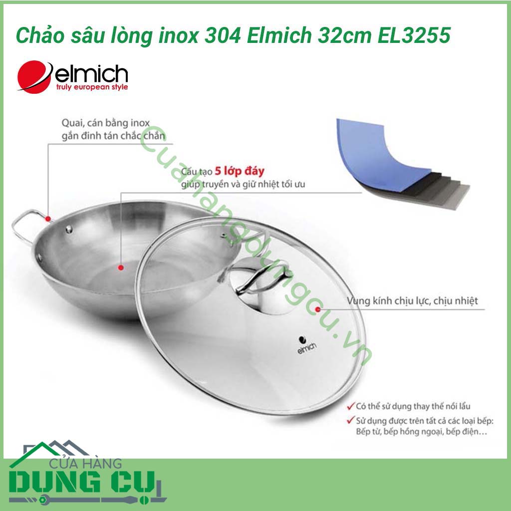 Chảo sâu lòng inox 304 Elmich 32cm EL3255&nbsp;được làm từ Inox 304, chống ăn mòn cao, không tác dụng với thức ăn, không thôi nhiễm, giải phóng các chất độc hại, tuyệt đối an toàn cho sức khỏe