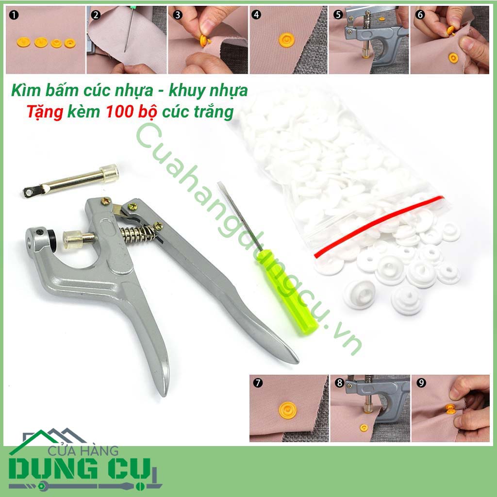Kìm bấm cúc nhựa tặng kèm 100 bộ cúc màu trắng dùng để&nbsp;bấm quần, áo sơ mi, áo mưa, vỏ chăn, gối, bấm để mở quai giày, dép thay cho nhám dính vì cúc nhựa bền hơn và dễ sử dụng hơn rất nhiều. Sản phẩm tặng kèm 100 bộ cúc màu trắng cho bạn thoải mái sử dụng.