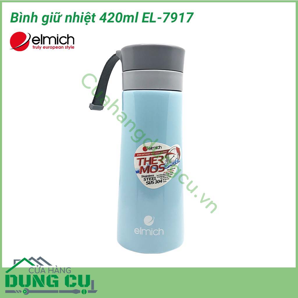 Phích giữ nhiệt Elmich 420ml EL-7917&nbsp;Sản phẩm có thiết kế nhỏ gọn, nắp đậy kín, phích có màu xanh phối cùng nắp xám vô cùng trang nhã sẽ là người bạn đồng hành cùng Mẹ và Bé trong các buổi dã ngoại, cắm trại hay đi học, đi làm, chơi thể thao...
