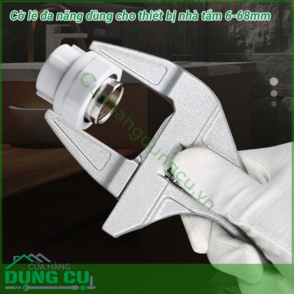 Cờ lê đa năng dùng cho thiết bị nhà tắm độ mở 6-68mm&nbsp;được chế tạo từ hợp kim nhôm, vòng miệng rộng, lực kẹp mạnh, khi sử dụng không làm sứt, mẻ mất đi tính thẩm mỹ của các phụ kiện được sửa chữa như phụ kiện đường ống mạ đồng, ống cút, vòi hoa sen.