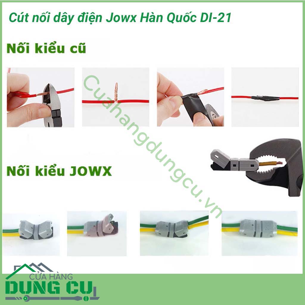 Đầu nối dây điện nhanh đôi DI-21 Jowx Hàn Quốc&nbsp;giúp bạn có những mối nối điện đôi nhanh chóng, gọn gàng, an toàn, chắc chắn.Không cần cắt dây, không dùng băng dính điệnTốc độ thi công dây điện nhanh gọn, đẹp gấp 6 lần thi công kiểu truyền thống cũ.
