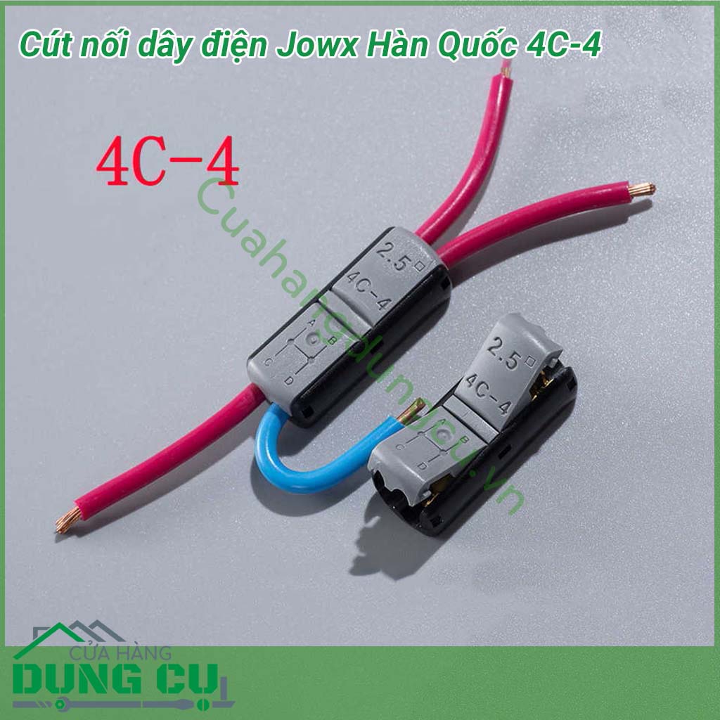 Đầu nối dây điện nhanh 4C-4 Jowx không cần băng dính&nbsp;giúp bạn có những mối nối điện nhanh chóng,gọn gàng, an toàn, chắc chắn. Đầu nối dây điện nhanh 4C-4&nbsp;mô phỏng hàm cá mập với lõi cút mạ đồng tăng khả năng dẫn điện, khớp nối rất chắc chắn.