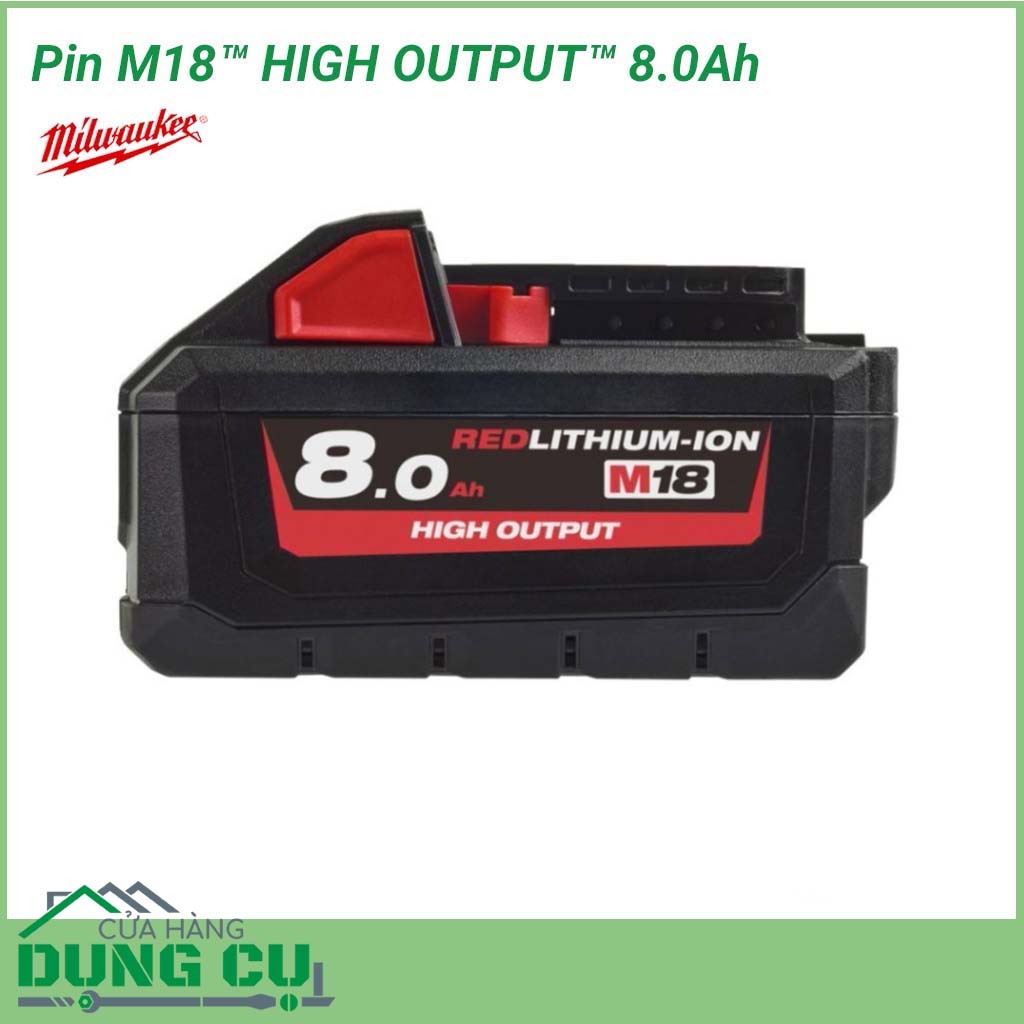 Pin Milwaukee 18V 8.0Ah - M18HB8 là dòng pin lithium&nbsp;HIGH OUTPUT có khả năng cung cấp năng lượng nhiều hơn 50% so với các dòng pin cùng loại trên thị trường. Pin&nbsp;lithium là loại pin được sử dụng phổ biến thông dụng trong các thiệt bị điện tử hiện nay.&nbsp;
