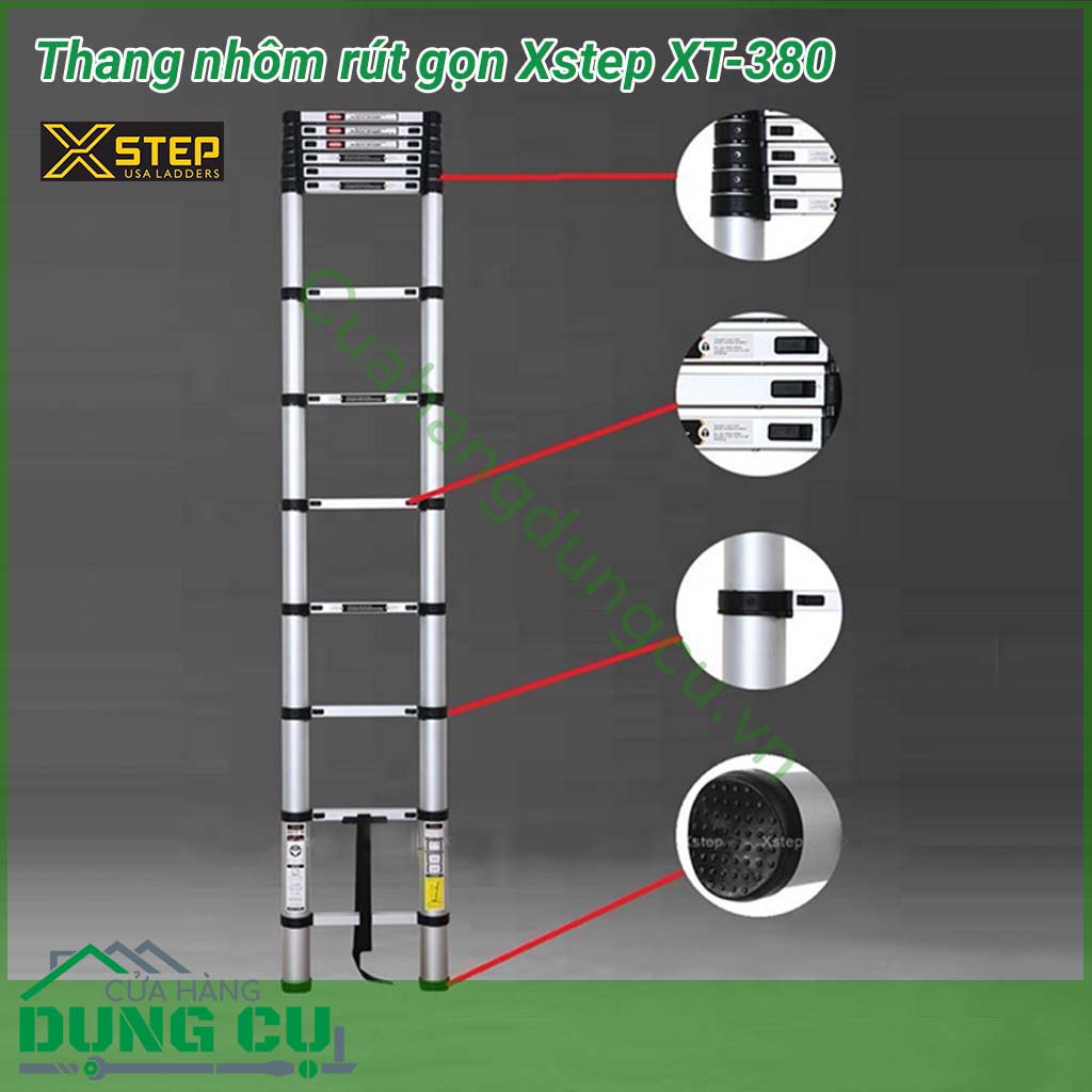 Thang nhôm rút gọn đa năng XSTEP XT-380&nbsp;là sản phẩm hữu dụng cho việc thao tác trong nhà và cả ngoài trời, các công việc sửa chữa trên cao. Thang có khả năng rút gọn, tiện cho việc di chuyển hay cất giữ, phù hợp cho thợ điện, viễn thông, xây dựng.&nbsp;