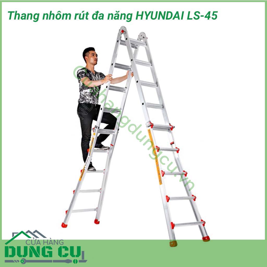Thang nhôm đa năng rút gọn chữ A Huyndai LS-45&nbsp;là dòng thang rút rất bền và chắc chắn nhất thị trường hiện nay. Với thiết kế chuyên nghiệp và phần chân thang chắc chắn, sản phẩm&nbsp;đã chiếm được lòng tin của người tiêu dùng Việt Nam