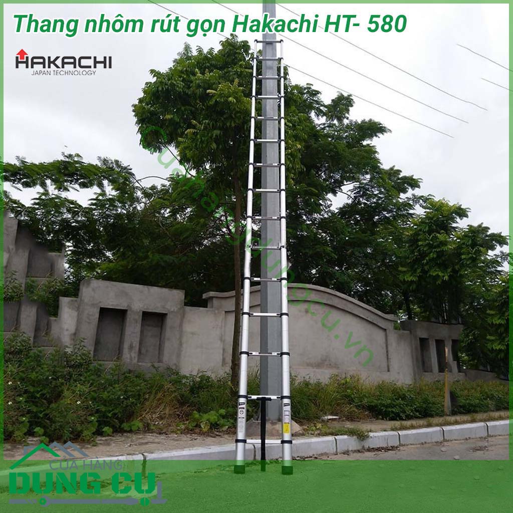 Thang nhôm rút đơn Hakachi HT-580&nbsp;với chiều cao tối đa lên tới 5.8 mét, rút xếp linh hoạt, tính ứng dụng cao, độ chắc chắn ưu việt, hệ thống chốt khóa và bậc thang mạnh mẽ, trụ thang bền với tính chịu lực cực tốt.