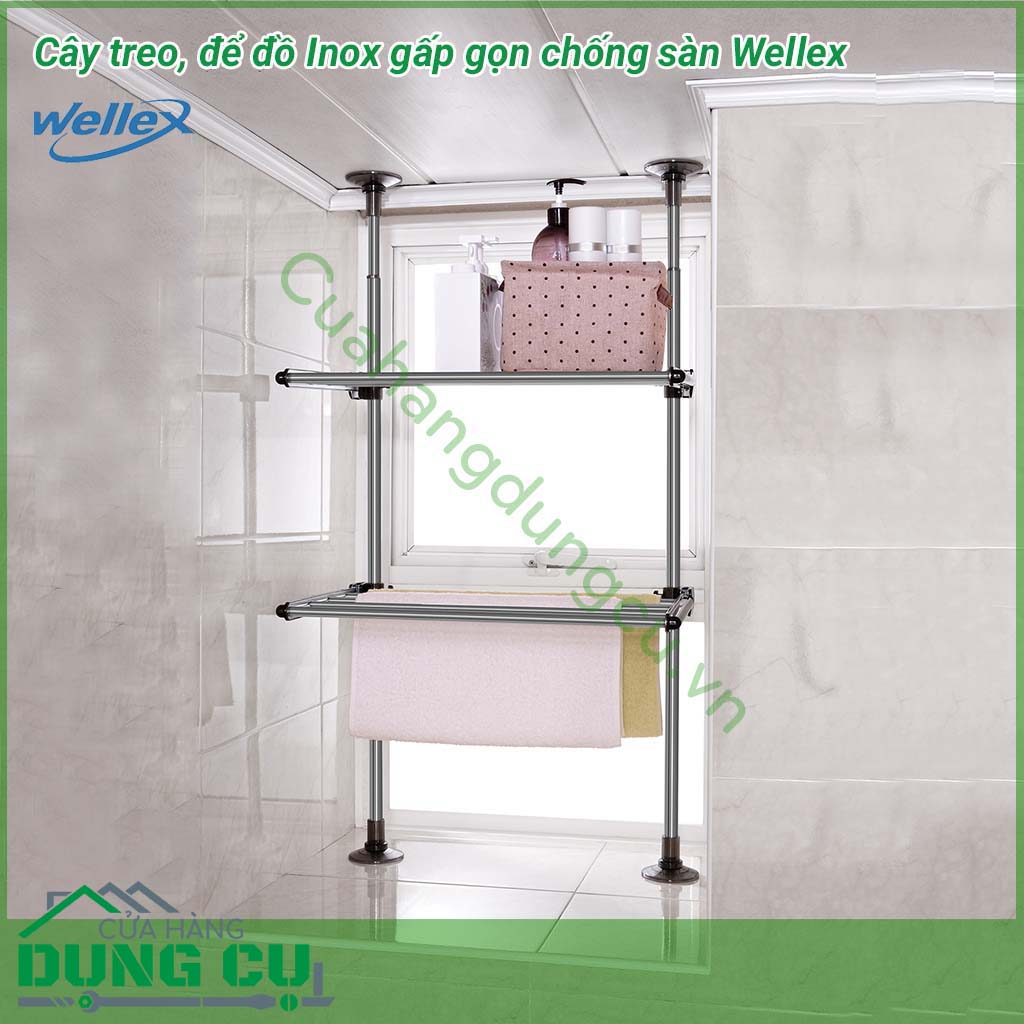 Cây treo để đồ inox gấp gọn chống sàn Wellex&nbsp;sử dụng cho các không gian như ban công, lô gia, bếp, hành lang, thay đồ, phòng ngủ. Cây treo đồ inox Wellex làm từ chất liệu inox bóng đẹp, cao cấp vĩnh viễn không rỉ sét, không ăn mòn