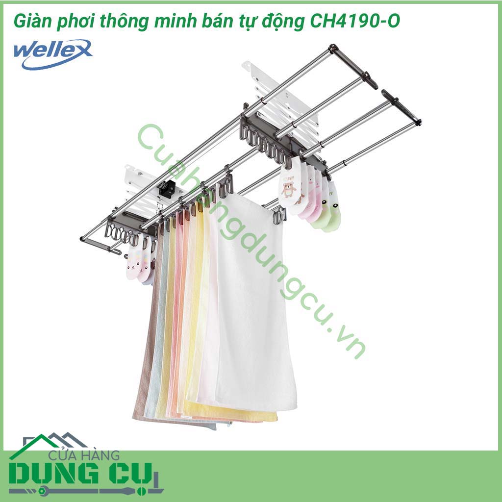 Giàn phơi bán tự động treo trần Wellex Hàn Quốc CH4190-O&nbsp;cho phép nâng tối đa 30kg quần áo nặng chỉ bằng một nút bấm. Xử lý công việc phơi đồ của bạn mà không làm tốn quá nhiều công sức.