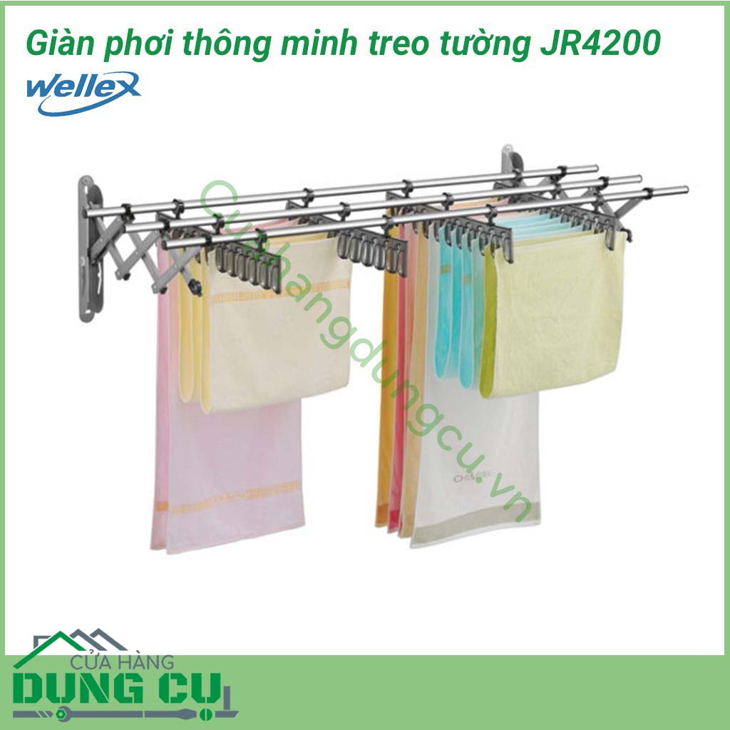 Giàn phơi gắn tường xếp gọn Wellex JR4200&nbsp;được sản xuất từ chất liệu thép không gỉ bền đẹp, chắc chắn. Vật liệu cứng cáp kết hợp cùng khả năng chịu lực tốt, giúp bạn treo quần áo an toàn, dễ dàng