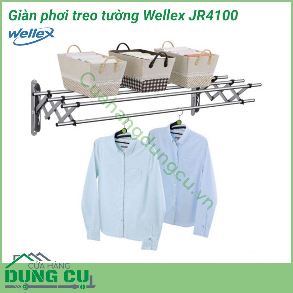 Giàn phơi treo tường Wellex đa năng JR4100&nbsp;được sản xuất từ chất liệu thép không gỉ bền đẹp, chắc chắn. Vật liệu cứng cáp kết hợp cùng khả năng chịu lực tốt, giúp bạn treo quần áo an toàn, dễ dàng. Thiết kế đa chức năng, sử dụng như kệ, giá phơi và mắc áo