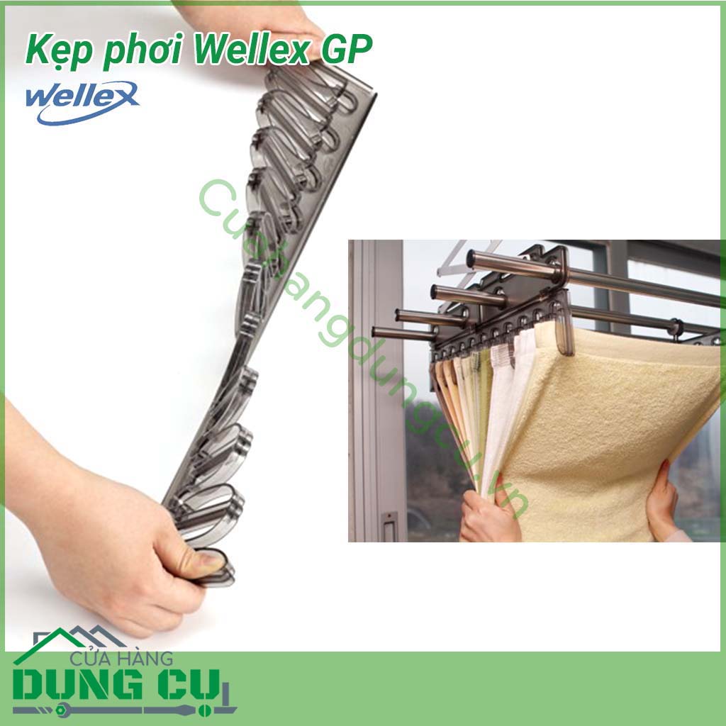 Kẹp phơi quần áo Wellex GP&nbsp;được làm từ chất liệu nhựa polycarbonate chắc chắn, tuyệt đối không làm hư hại quần áo. Kẹp phơi Wellex GP với kiểu dáng kẹp tiện dụng, gọn nhẹ, cho bạn phơi được thật nhiều đồ mong muốn, tiết kiệm diện tích, dễ dàng lưu trữ. 