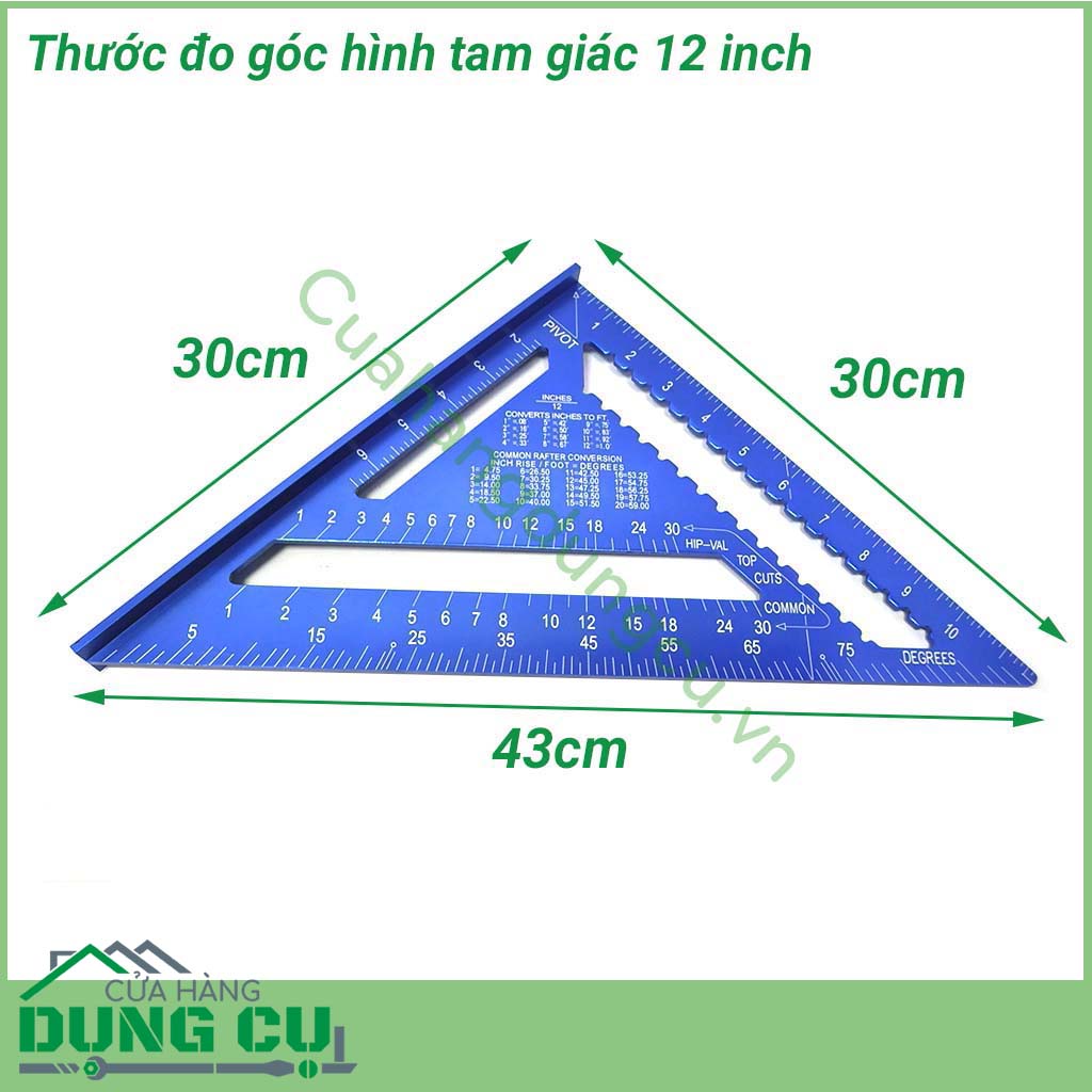 Thước đo góc tam giác 12 inch xanh dương&nbsp;được làm từ&nbsp;hợp kim&nbsp;nhôm chắc chắn,&nbsp;độ cứng cao, dẻo dai, không dễ han gỉ. Thước đo là dụng cụ hữu ích không thể thiếu dành cho thợ mộc.