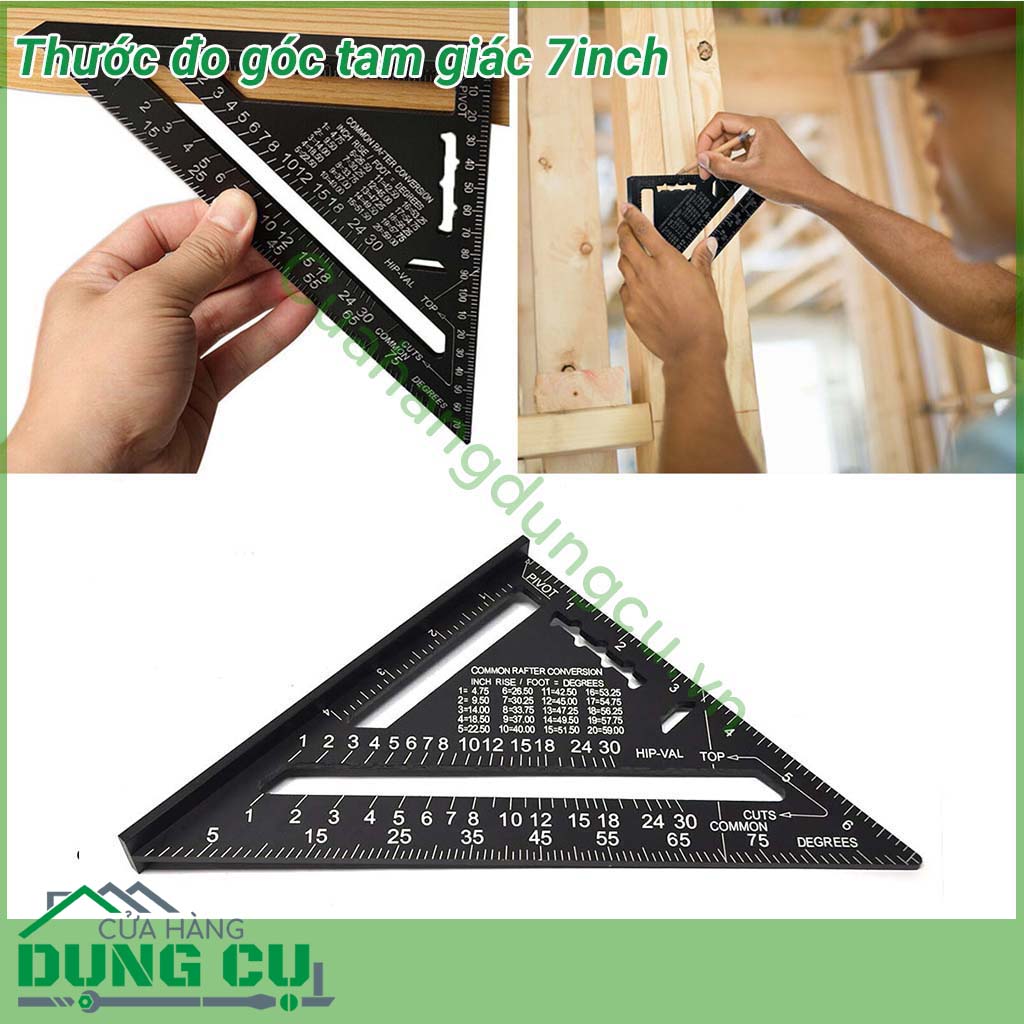 Thước đo tam giác 7 inch được làm từ&nbsp;hợp kim&nbsp;nhôm chắc chắn,&nbsp;độ cứng cao, dẻo dai, không dễ han gỉ. Thước đo là dụng cụ hữu ích không thể thiếu dành cho thợ mộc.