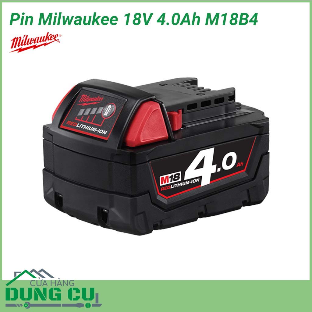 Pin Milwaukee 18V 4.0Ah M18B4&nbsp;mang lại nhiều công việc hơn trong suốt cả ngày và trong suốt thời gian sử dụng pin của bạn. Cung cấp thời gian chạy nhiều hơn tới 40%, năng lượng nhiều hơn 20% và sạc lại nhiều hơn 50% so với pin lithium-Ion thông thường.