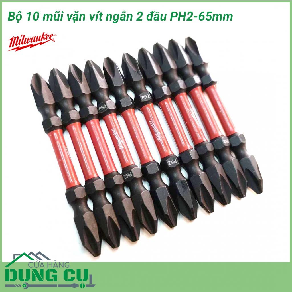 Bộ 10 mũi vặn vít ngắn 2 đầu Milwaukee PH2-65mm&nbsp;được làm bằng chất liệu hợp kim thép cứng cáp, không hoen gỉ hay cong vênh, mài mòn trong quá trình làm việc, cho độ bền sử dụng lâu dài theo thời gian. 