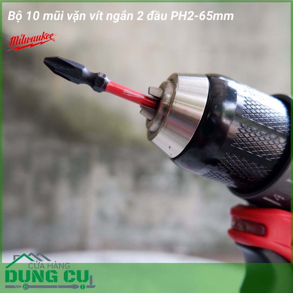Bộ 10 mũi vặn vít ngắn 2 đầu Milwaukee PH2-65mm&nbsp;được làm bằng chất liệu hợp kim thép cứng cáp, không hoen gỉ hay cong vênh, mài mòn trong quá trình làm việc, cho độ bền sử dụng lâu dài theo thời gian. 