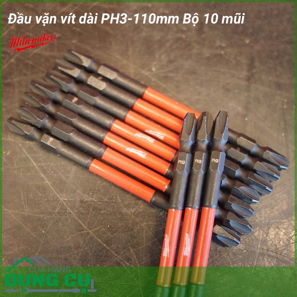 Đầu bắt vít dài 110mm PH3 Milwaukee Bộ 10&nbsp;được làm bằng chất liệu hợp kim thép cứng cáp, không hoen gỉ hay cong vênh, mài mòn trong quá trình làm việc, cho độ bền sử dụng lâu dài theo thời gian.