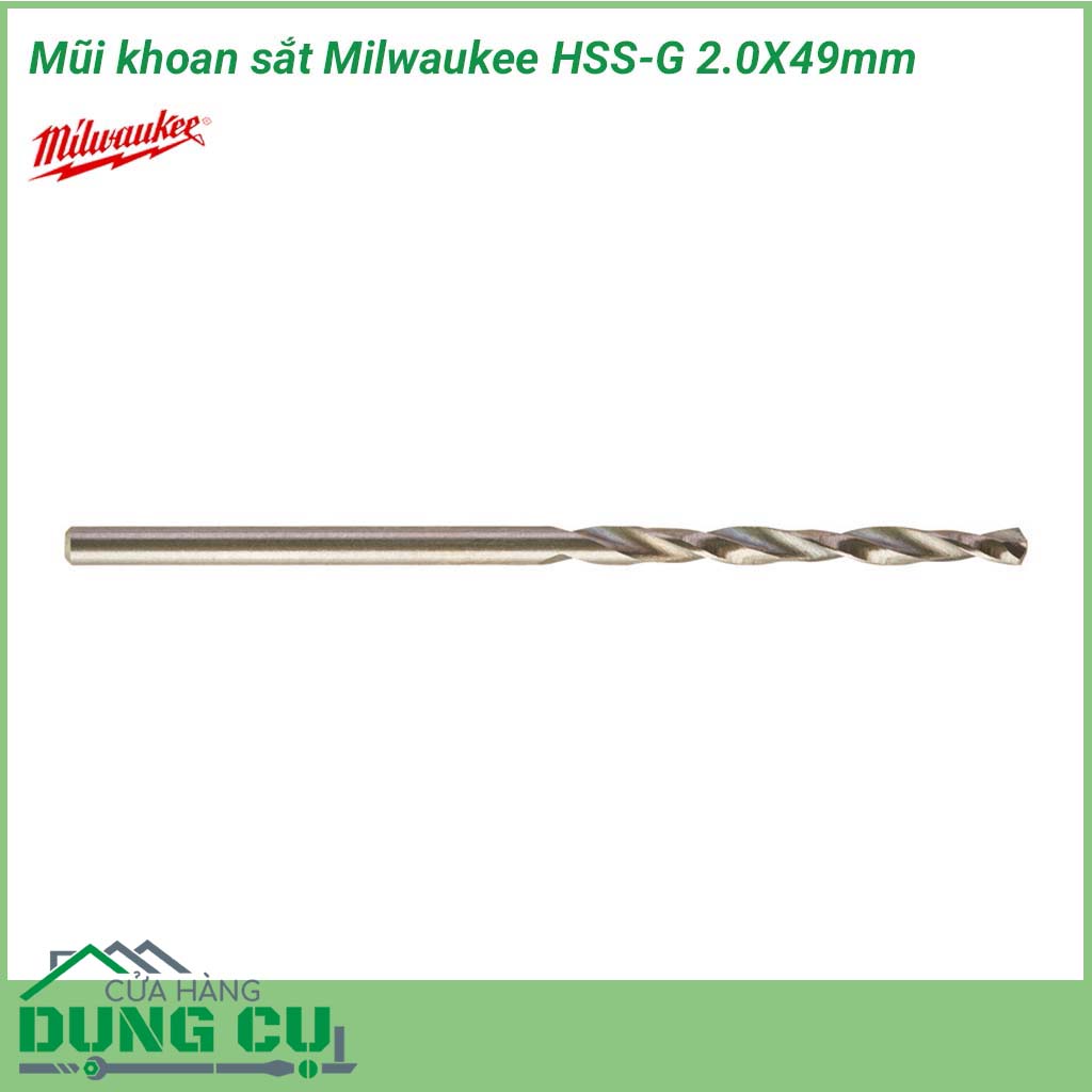 Mũi khoan sắt Milwaukee HSS-G 2.0X49mm&nbsp;được làm bằng chất liệu hợp kim thép cứng cáp, không hoen gỉ hay cong vênh, mài mòn trong quá trình làm việc, cho độ bền sử dụng lâu dài theo thời gian.