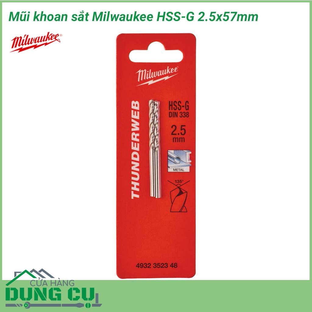 Mũi khoan sắt Milwaukee HSS-G 2.5x57mm&nbsp;được làm bằng chất liệu hợp kim thép cứng cáp, không hoen gỉ hay cong vênh, mài mòn trong quá trình làm việc, cho độ bền sử dụng lâu dài theo thời gian.