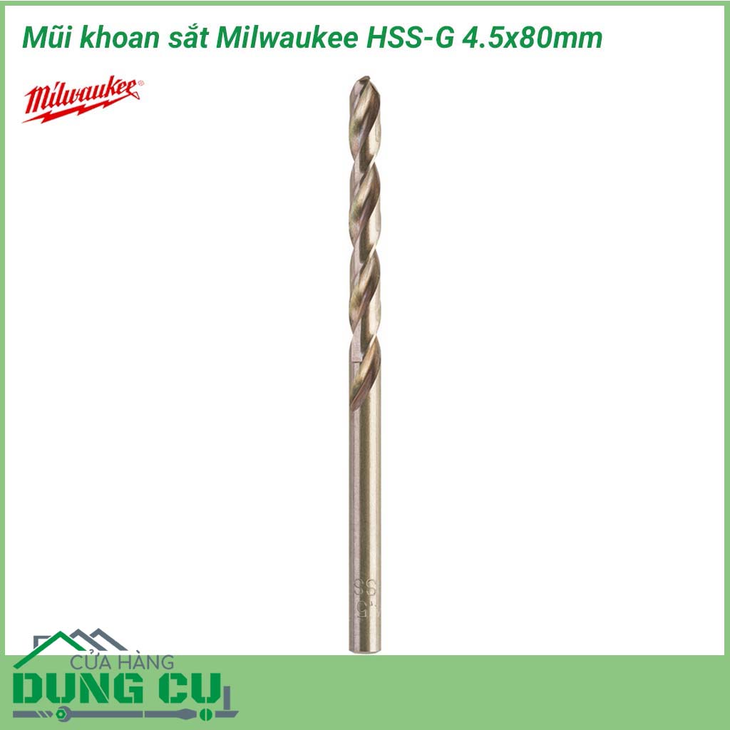 Mũi khoan sắt Milwaukee HSS-G 4.5x80mm&nbsp;được làm bằng chất liệu hợp kim thép cứng cáp, không hoen gỉ hay cong vênh, mài mòn trong quá trình làm việc, cho độ bền sử dụng lâu dài theo thời gian