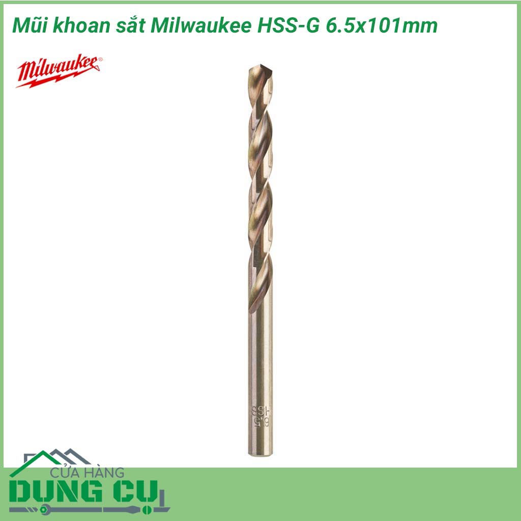 Mũi khoan sắt Milwaukee HSS-G 6.5x101mm&nbsp;được làm bằng chất liệu hợp kim thép cứng cáp, không hoen gỉ hay cong vênh, mài mòn trong quá trình làm việc, cho độ bền sử dụng lâu dài theo thời gian