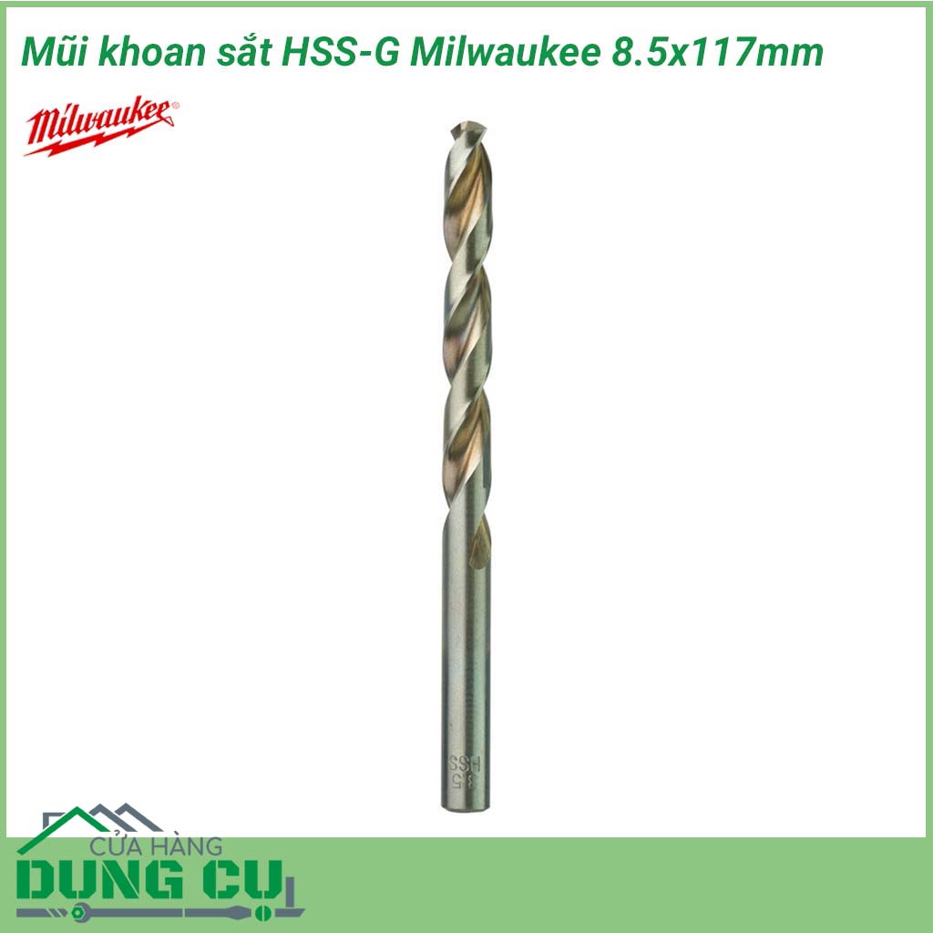 Mũi khoan sắt HSS-G Milwaukee 8.5x117mm&nbsp;được làm bằng chất liệu hợp kim thép cứng cáp, không hoen gỉ hay cong vênh, mài mòn trong quá trình làm việc, cho độ bền sử dụng lâu dài theo thời gian